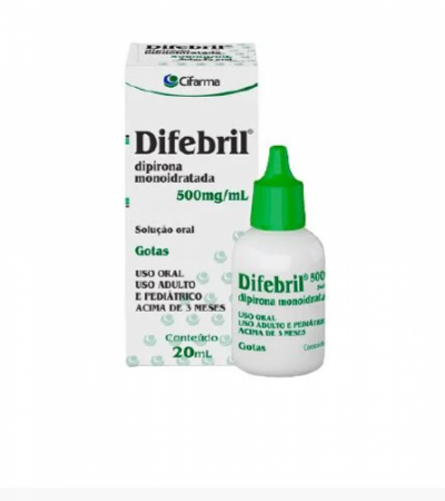 Difebril 500mg/mL, caixa com 1 frasco gotejador com 20mL de solução de uso oral