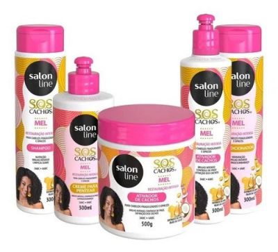 Kit Salon Line SOS Cachos Mel Cachos Intensos Shampoo + Condicionador + Creme Para Pentear + 2 Ativa